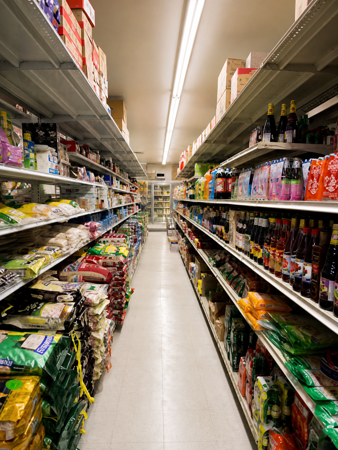 Enhanced market aisle with international packaged foods and rice